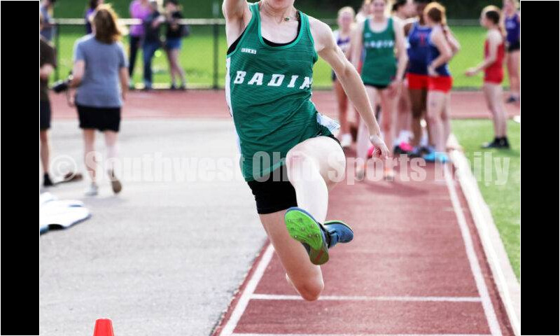 Badin High School's Becca Moore moves through the air in the girls long jump April 16, 2024, during the Dale Plank Invitational track & field meet at Talawanda. RICK CASSANO/STAFF