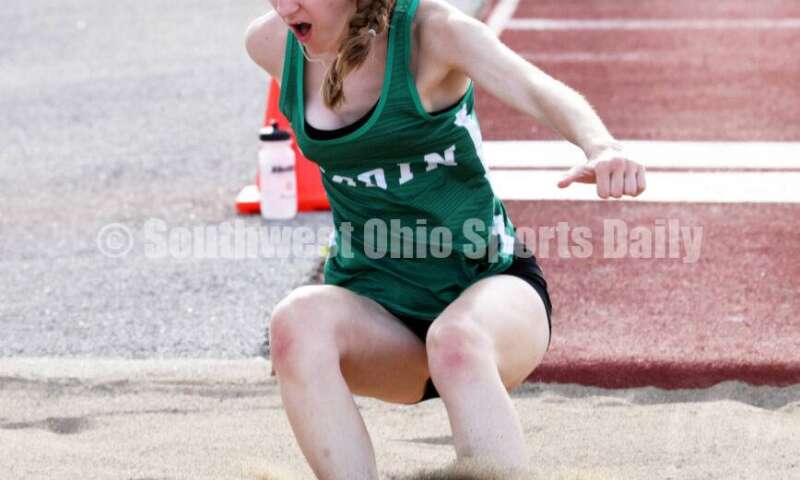 Badin High School's Becca Moore lands in the girls long jump April 16, 2024, during the Dale Plank Invitational track & field meet at Talawanda. RICK CASSANO/STAFF