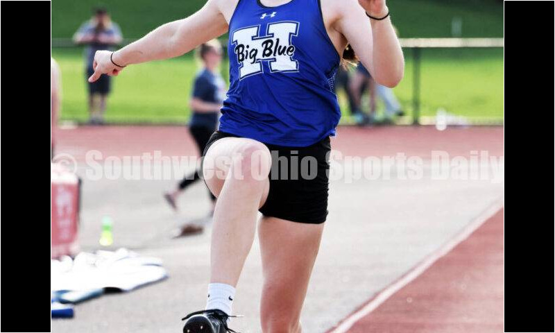 Hamilton High School's Kaylin Washmuth strains for the distance in the girls long jump April 16, 2024, during the Dale Plank Invitational track & field meet at Talawanda. RICK CASSANO/STAFF