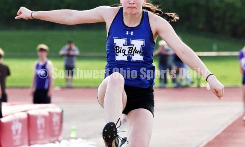 Hamilton High School's Kaylin Washmuth competes in the girls long jump April 16, 2024, during the Dale Plank Invitational track & field meet at Talawanda. RICK CASSANO/STAFF