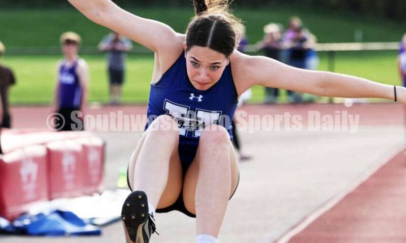 Hamilton High School's Kaylin Washmuth flies through the air in the girls long jump April 16, 2024, during the Dale Plank Invitational track & field meet at Talawanda. RICK CASSANO/STAFF
