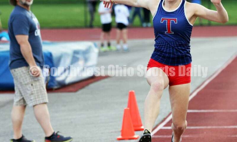 Talawanda High School's Ava Thacker competes in the girls triple jump April 16, 2024, during the Dale Plank Invitational track & field meet at Talawanda. RICK CASSANO/STAFF