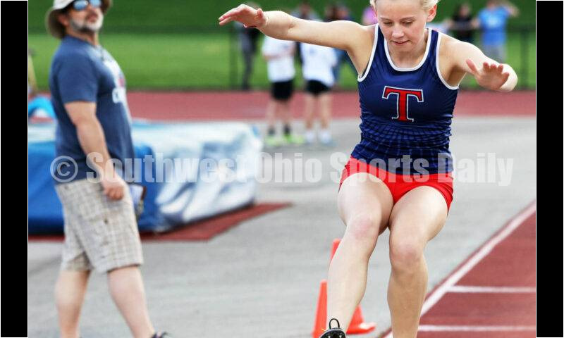 Talawanda High School's Ava Thacker competes in the girls triple jump April 16, 2024, during the Dale Plank Invitational track & field meet at Talawanda. RICK CASSANO/STAFF