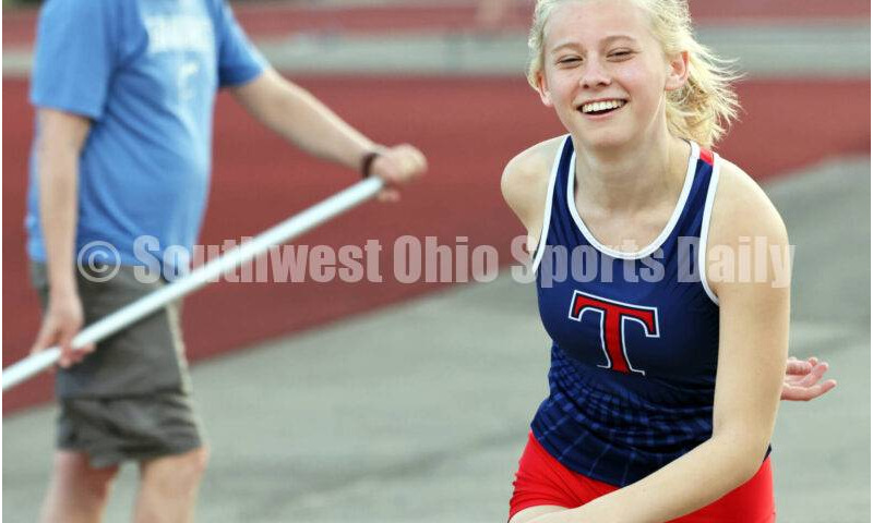Talawanda High School's Ava Thacker reacts to an attempt in the girls triple jump April 16, 2024, during the Dale Plank Invitational track & field meet at Talawanda. RICK CASSANO/STAFF