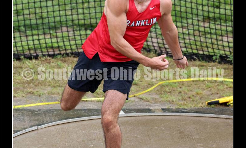 Franklin High School's Trey Newsome watches a throw in the boys discus May 15 2024, during the Division I district track & field meet at Bellbrook. RICK CASSANO/STAFF
