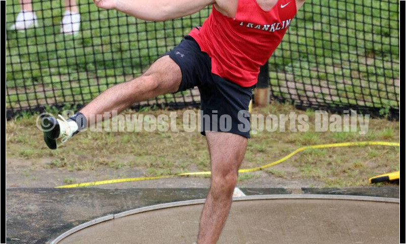 Franklin High School's Trey Newsome watches a throw in the boys discus May 15 2024, during the Division I district track & field meet at Bellbrook. RICK CASSANO/STAFF