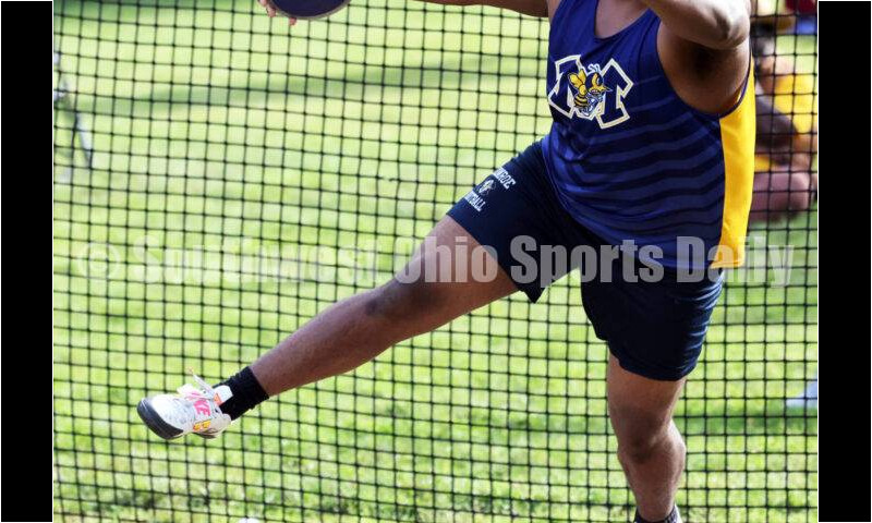 Monroe High School's Myles Terry competes in the boys discus May 15 2024, during the Division I district track & field meet at Bellbrook. RICK CASSANO/STAFF