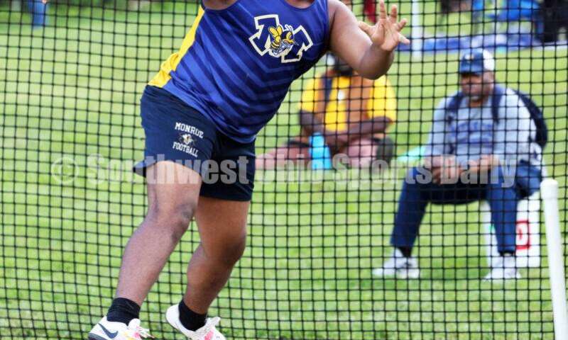 Monroe High School's Myles Terry competes in the boys discus May 15 2024, during the Division I district track & field meet at Bellbrook. RICK CASSANO/STAFF