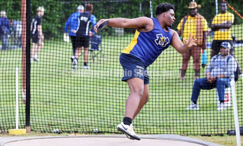 Monroe High School's Myles Terry competes in the boys discus May 15 2024, during the Division I district track & field meet at Bellbrook. RICK CASSANO/STAFF