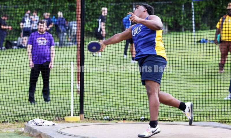 Monroe High School's Myles Terry competes in the boys discus May 15 2024, during the Division I district track & field meet at Bellbrook. RICK CASSANO/STAFF