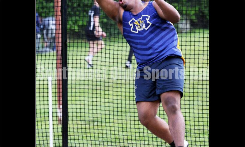 Monroe High School's Myles Terry competes in the boys discus May 15 2024, during the Division I district track & field meet at Bellbrook. RICK CASSANO/STAFF