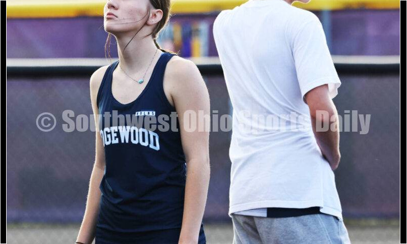 Edgewood High School's Rylee Manning prepares for the start of the girls 400-meter preliminary race May 15 2024, during the Division I district track & field meet at Bellbrook. RICK CASSANO/STAFF