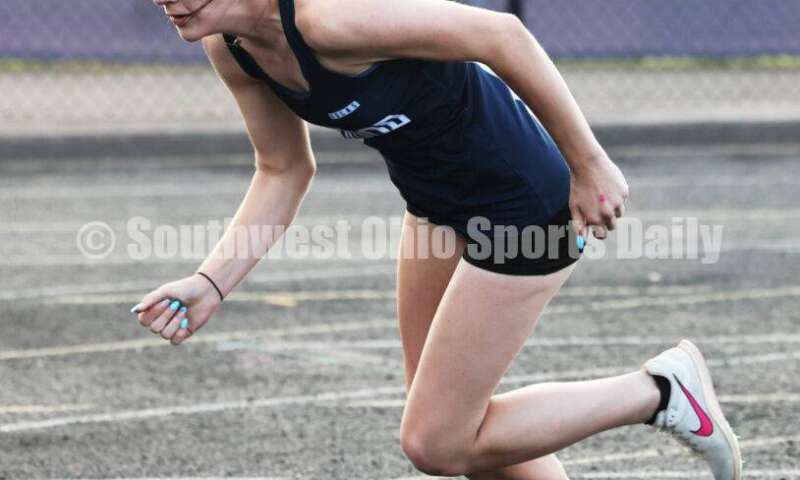 Edgewood High School's Rylee Manning takes off in the girls 400-meter preliminary race May 15 2024, during the Division I district track & field meet at Bellbrook. RICK CASSANO/STAFF