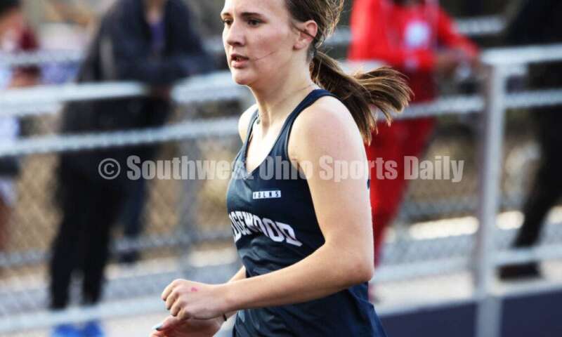 Edgewood High School's Rylee Manning runs in the girls 400-meter preliminary race May 15 2024, during the Division I district track & field meet at Bellbrook. RICK CASSANO/STAFF