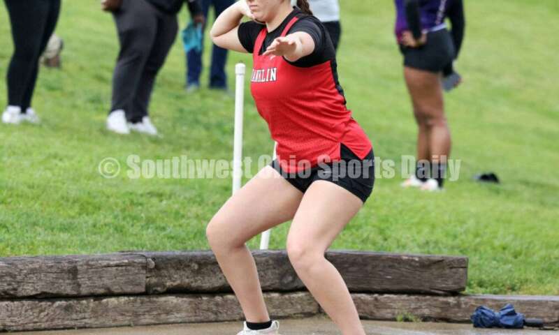 Franklin High School's Sophie Aldridge competes in the girls shot put May 15 2024, during the Division I district track & field meet at Bellbrook. RICK CASSANO/STAFF