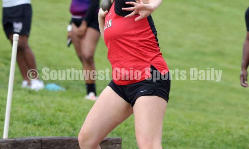 Franklin High School's Sophie Aldridge competes in the girls shot put May 15 2024, during the Division I district track & field meet at Bellbrook. RICK CASSANO/STAFF