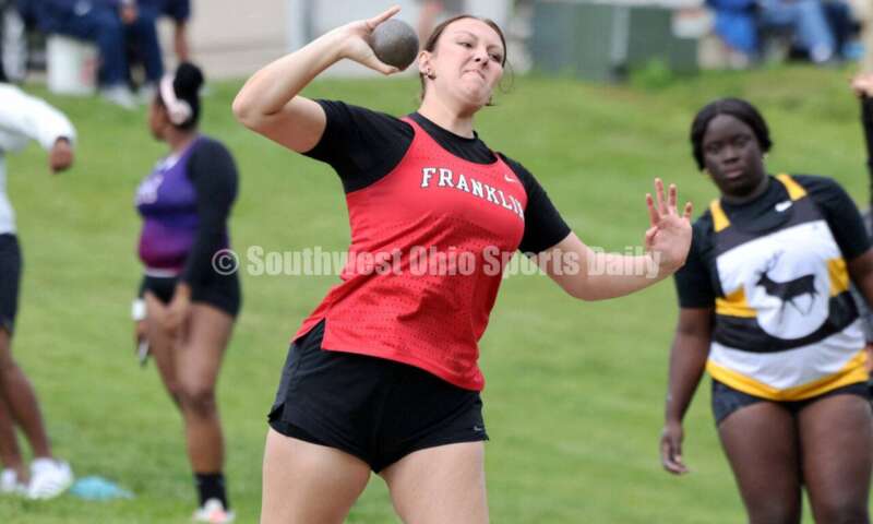 Franklin High School's Sophie Aldridge competes in the girls shot put May 15 2024, during the Division I district track & field meet at Bellbrook. RICK CASSANO/STAFF