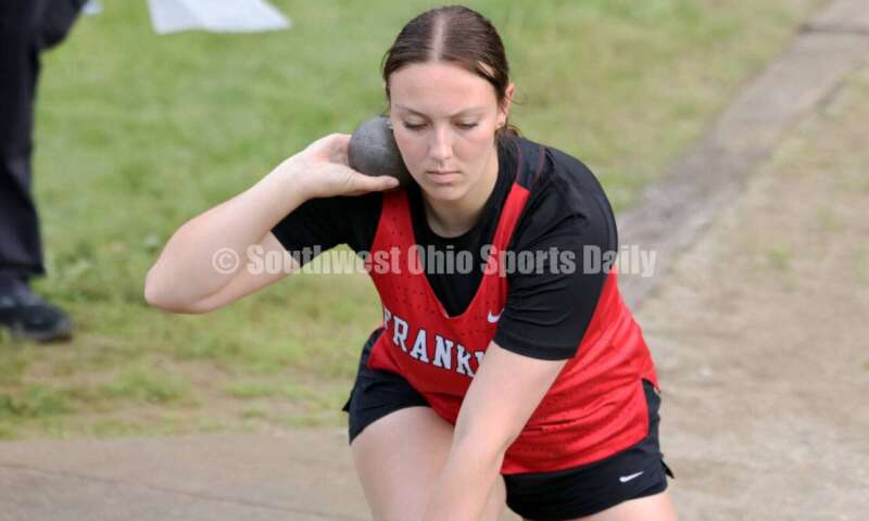 Franklin High School's Sophie Aldridge competes in the girls shot put May 15 2024, during the Division I district track & field meet at Bellbrook. RICK CASSANO/STAFF