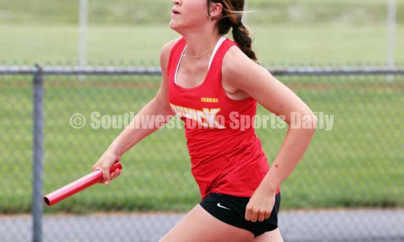 Fenwick High School's Sienna Johnson leads off in the girls 800-meter relay May 25, 2024, during the Division II regional track & field meet at Piqua. RICK CASSANO/STAFF