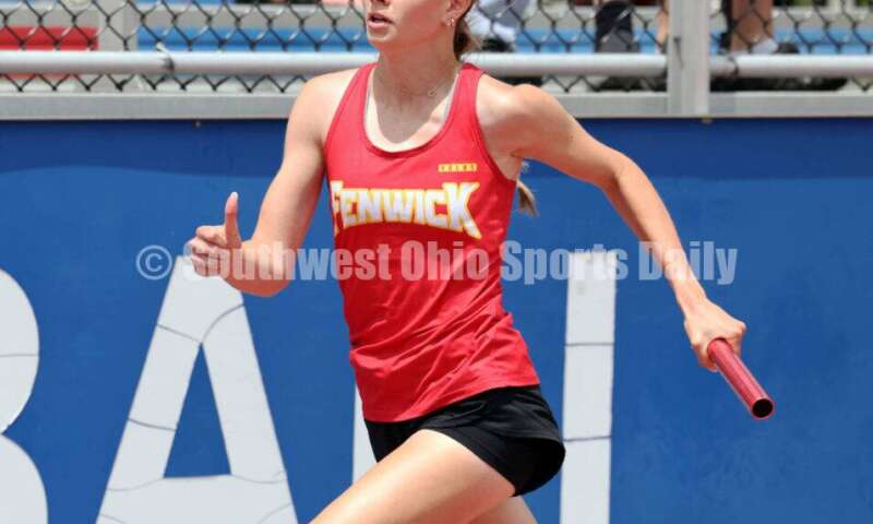 Fenwick High School's Mackenzie Rohde sprints in the girls 800-meter relay May 25, 2024, during the Division II regional track & field meet at Piqua. RICK CASSANO/STAFF