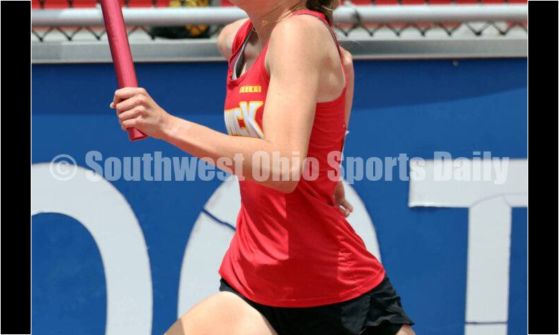 Fenwick High School's Mackenzie Rohde sprints in the girls 800-meter relay May 25, 2024, during the Division II regional track & field meet at Piqua. RICK CASSANO/STAFF