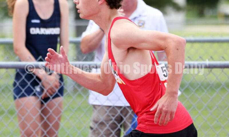 Fenwick High School's Enzo Battaglia takes off in the boys 1,600-meter race May 25, 2024, during the Division II regional track & field meet at Piqua. RICK CASSANO/STAFF