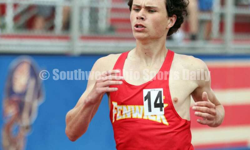 Fenwick High School's Enzo Battaglia runs in the boys 1,600-meter race May 25, 2024, during the Division II regional track & field meet at Piqua. RICK CASSANO/STAFF