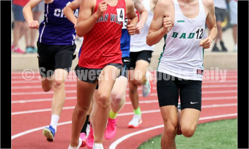 Badin High School's Nick Dunn leads the pack in the boys 3,200-meter race May 25, 2024, during the Division II regional track & field meet at Piqua. RICK CASSANO/STAFF
