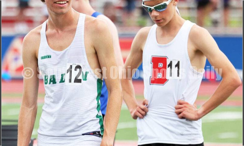 Badin High School's Nick Dunn reacts after winning the boys 3,200-meter race May 25, 2024, during the Division II regional track & field meet at Piqua. RICK CASSANO/STAFF