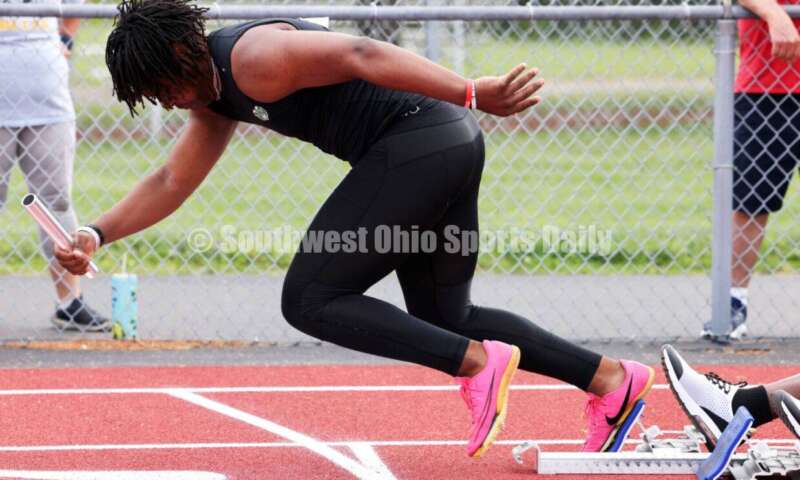 Badin High School's Royce Rachel takes off in the boys 400-meter relay May 25, 2024, during the Division II regional track & field meet at Piqua. RICK CASSANO/STAFF