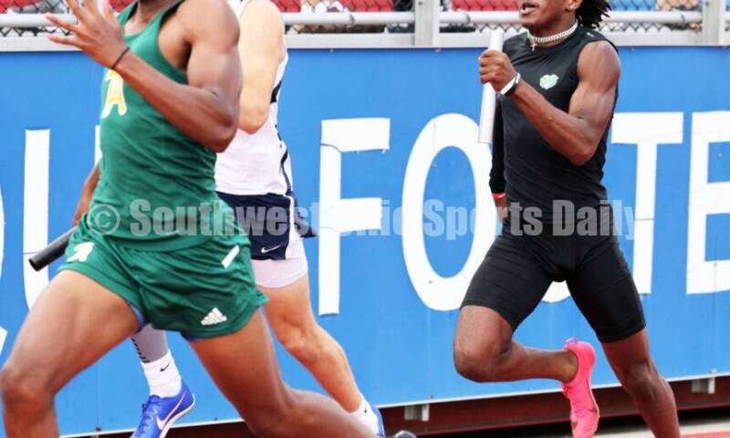 Badin High School's Kai Samples competes in the boys 400-meter relay May 25, 2024, during the Division II regional track & field meet at Piqua. RICK CASSANO/STAFF