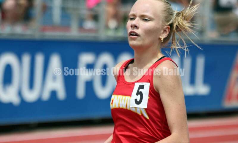 Fenwick High School's Morgan Blair runs in the girls 1,600-meter race May 25, 2024, during the Division II regional track & field meet at Piqua. RICK CASSANO/STAFF