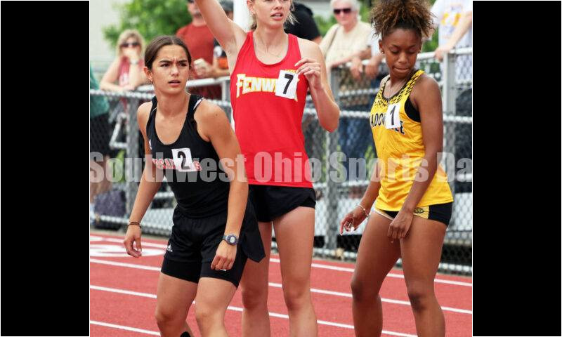 Fenwick High School's Mackenzie Rohde (middle) waits for the baton in the girls 1,600-meter relay May 25, 2024, during the Division II regional track & field meet at Piqua. RICK CASSANO/STAFF