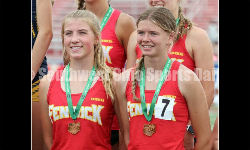 Fenwick High School's girls 1,600-meter relay team of (clockwise from bottom left) Sam Long, Stephanie Rose, Ashley Yontz and Mackenzie Rohde stands on the podium May 25, 2024, during the Division II regional track & field meet at Piqua. RICK CASSANO/STAFF