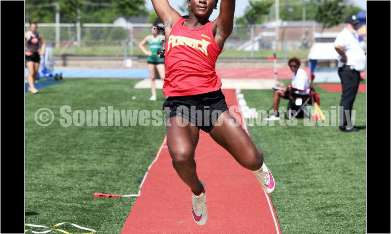 Fenwick High School's Brooklyn Vann competes in the girls long jump May 25, 2024, during the Division II regional track & field meet at Piqua. RICK CASSANO/STAFF