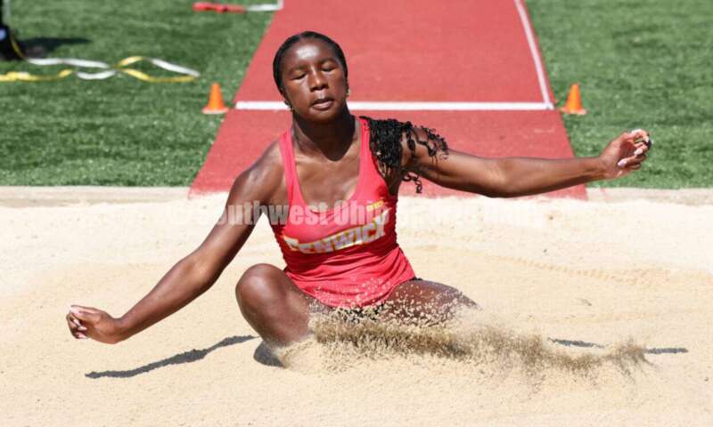 Fenwick High School's Brooklyn Vann lands in the girls long jump May 25, 2024, during the Division II regional track & field meet at Piqua. RICK CASSANO/STAFF