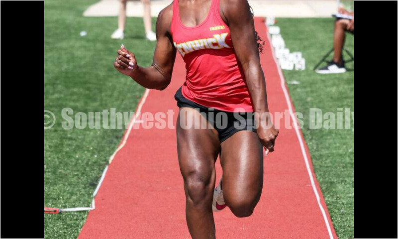 Fenwick High School's Brooklyn Vann takes off in the girls long jump May 25, 2024, during the Division II regional track & field meet at Piqua. RICK CASSANO/STAFF