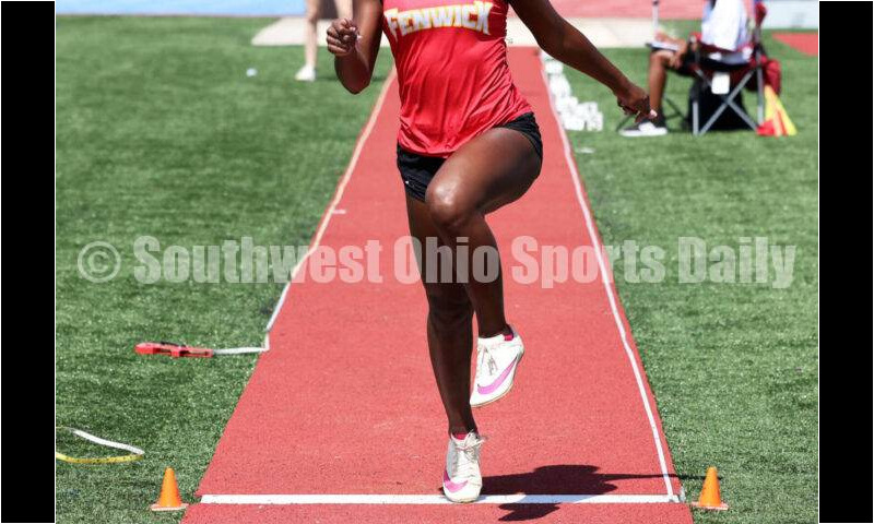 Fenwick High School's Brooklyn Vann takes off in the girls long jump May 25, 2024, during the Division II regional track & field meet at Piqua. RICK CASSANO/STAFF
