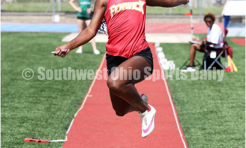 Fenwick High School's Brooklyn Vann leaps in the girls long jump May 25, 2024, during the Division II regional track & field meet at Piqua. RICK CASSANO/STAFF