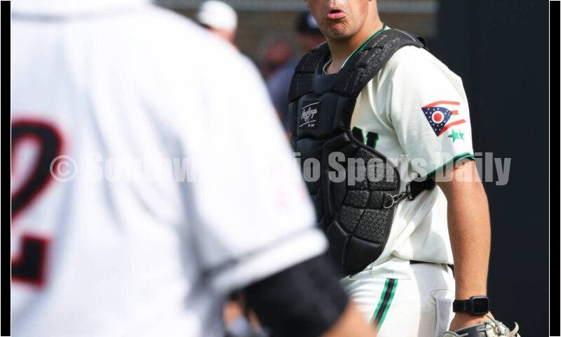 Badin High School catcher Kyle Anderson reacts after tagging a runner out at the plate May 31, 2024, during a Division II regional championship baseball game against Plain City Jonathan Alder at Mason. Badin won 2-0. RON ALVEY/CONTRIBUTOR