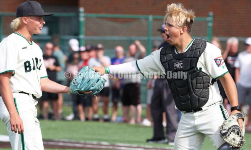 Badin High School catcher Kyle Anderson (right) and pitcher Beau Chaney react after Anderson tagged a runner out at the plate May 31, 2024, during a Division II regional championship baseball game against Plain City Jonathan Alder at Mason. Badin won 2-0. RON ALVEY/CONTRIBUTOR