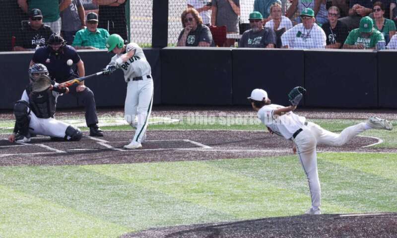 Badin HIgh School's Austin Vangen puts the ball in the air May 31, 2024, during a Division II regional championship baseball game against Plain City Jonathan Alder at Mason. Badin won 2-0. RON ALVEY/CONTRIBUTOR