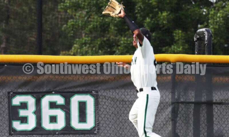 Badin High School center fielder Chandler Taylor catches a deep fly ball May 31, 2024, during a Division II regional championship baseball game against Plain City Jonathan Alder at Mason. Badin won 2-0. RON ALVEY/CONTRIBUTOR