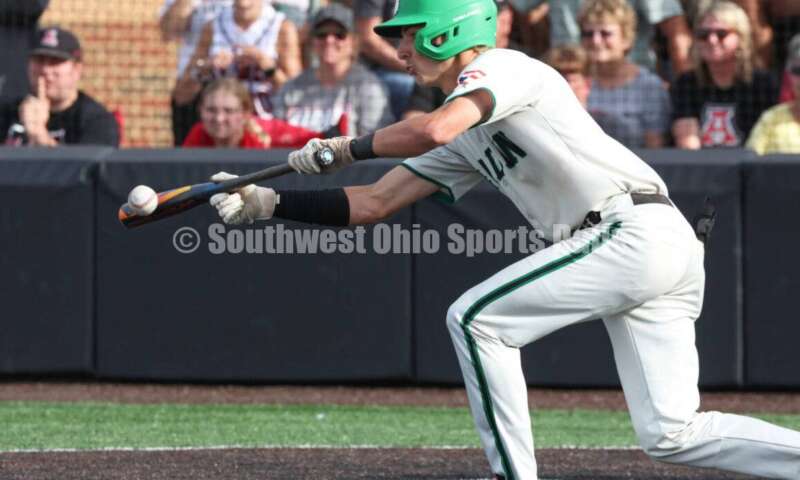Badin High School's Cooper Ollis puts down a bunt May 31, 2024, during a Division II regional championship baseball game against Plain City Jonathan Alder at Mason. Badin won 2-0. RON ALVEY/CONTRIBUTOR