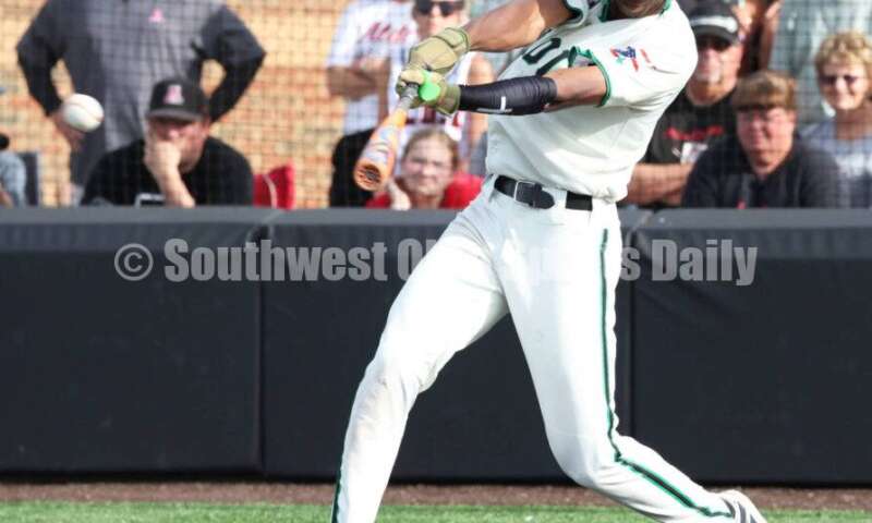 Badin High School's Chandler Taylor drives in the first run May 31, 2024, during a Division II regional championship baseball game against Plain City Jonathan Alder at Mason. Badin won 2-0. RON ALVEY/CONTRIBUTOR