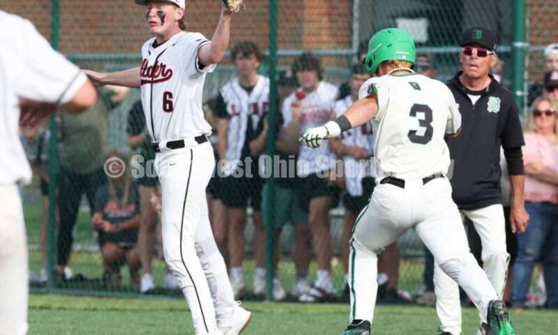 Badin High School's Kade Bowling reaches base on an error May 31, 2024, during a Division II regional championship baseball game against Plain City Jonathan Alder at Mason. Badin won 2-0. RON ALVEY/CONTRIBUTOR