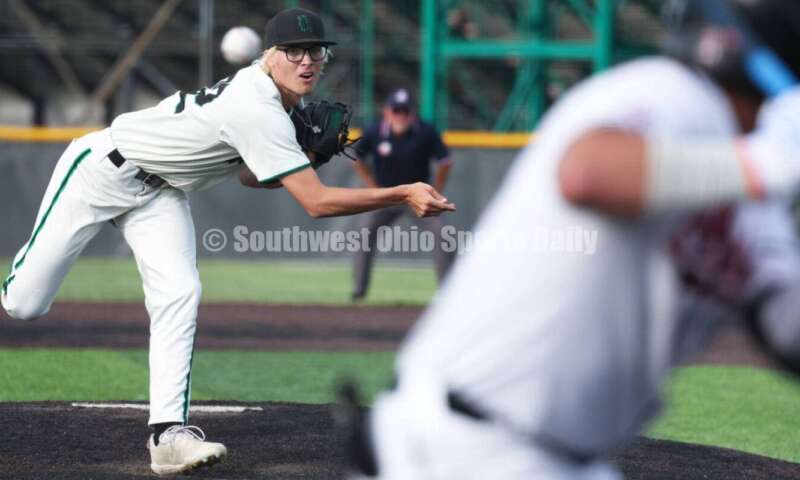 Badin High School pitcher Tyler Verdin delivers to the plate May 31, 2024, during a Division II regional championship baseball game against Plain City Jonathan Alder at Mason. Badin won 2-0. RON ALVEY/CONTRIBUTOR