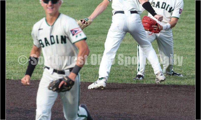 Badin High School's Chase Luebbe (1) and Austin Buckle celebrate the last out May 31, 2024, in a Division II regional championship baseball game against Plain City Jonathan Alder at Mason. Badin won 2-0. RON ALVEY/CONTRIBUTOR