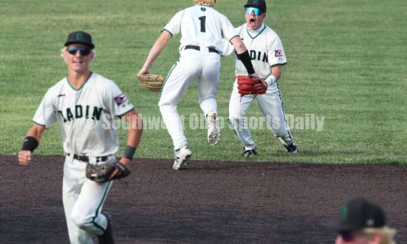 Badin High School's Chase Luebbe (1) and Austin Buckle celebrate the last out May 31, 2024, in a Division II regional championship baseball game against Plain City Jonathan Alder at Mason. Badin won 2-0. RON ALVEY/CONTRIBUTOR