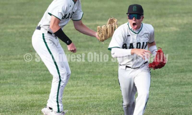 Badin High School's Chase Luebbe (left) and Austin Buckle celebrate the last out May 31, 2024, in a Division II regional championship baseball contest against Plain City Jonathan Alder at Mason. Badin won 2-0. RON ALVEY/CONTRIBUTOR